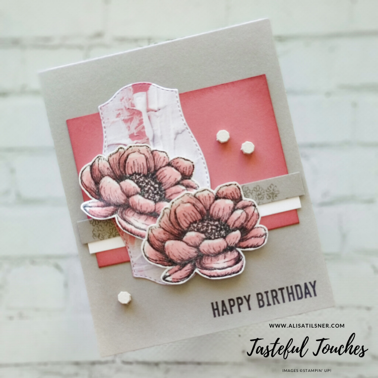 Stampin' Up! Tasteful Touches is a new stamp set and full suite in the upcoming Annual Catalogue. Card by Alisa Tilsner