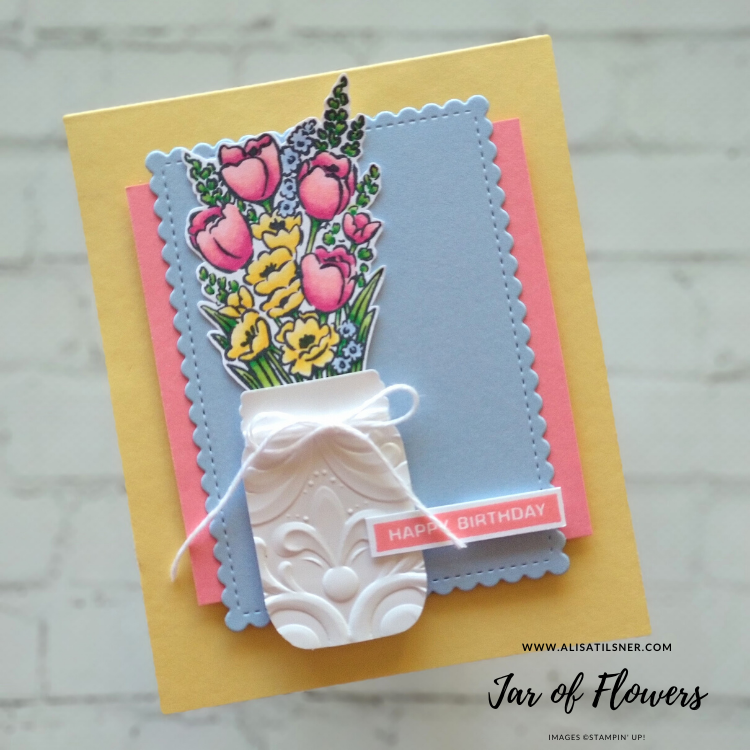 I tried to come up with a Milk Glass look for my Jar of Flowers card. The flowers have been coloured with Blends.
