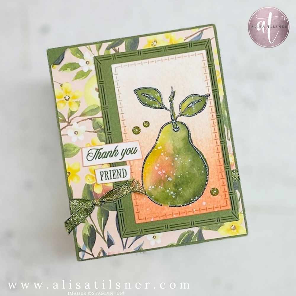 Handmade mixed media greeting card featuring a pear design using Stampin Up Perfectly Pears stamp set, created by Port Lincoln-based cardmaker Alisa Tilsner.